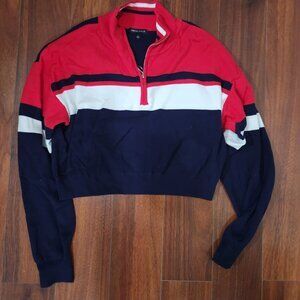Kendall & Kylie Red and blue cropped quarter zip sweater